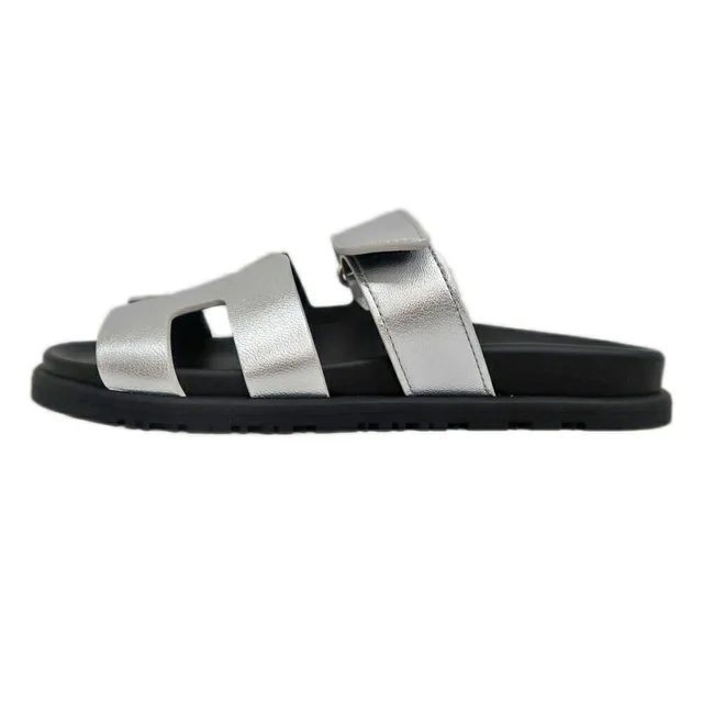 Hermès Chypre Sandals Silver Black Shoes 37.5 in Black Leather from The Reluxe