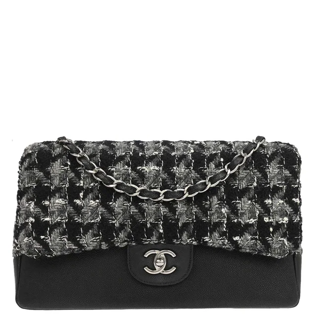 Chanel 2017 Black Caviar Skin Tweed Jumbo Classic Double Flap Shoulder Bag in Black Caviar leather from AMORE Vintage Tokyo