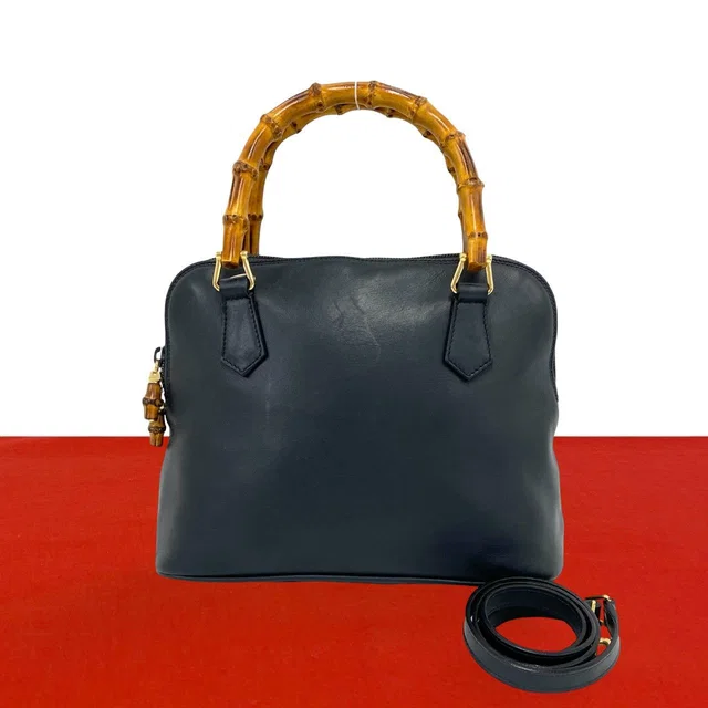 Gucci Vintage Bamboo Leather 2-Way Shoulder Bag Navy in Navy Leather from The Reluxe