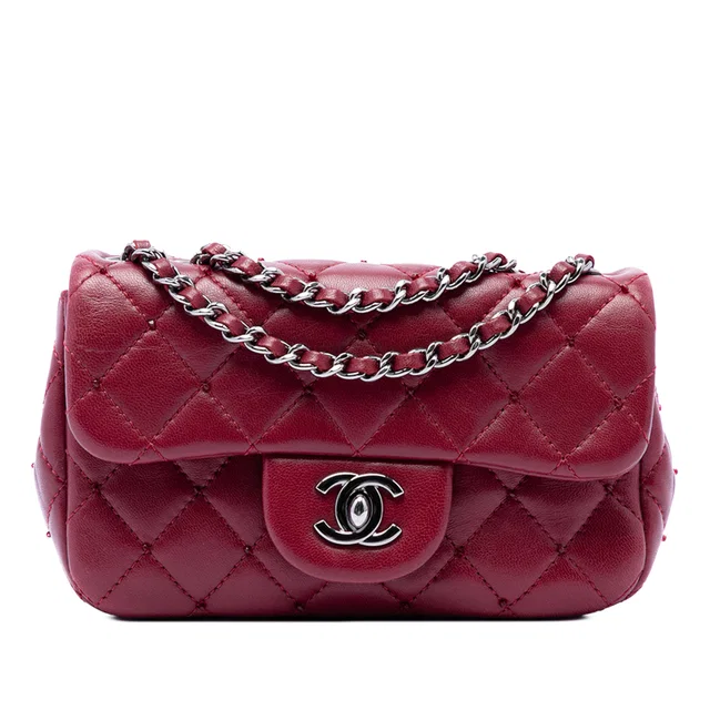 Red Chanel Extra Mini Rectangular Classic Lambskin Single Flap Crossbody Bag in Red Lambskin from Designer Revival