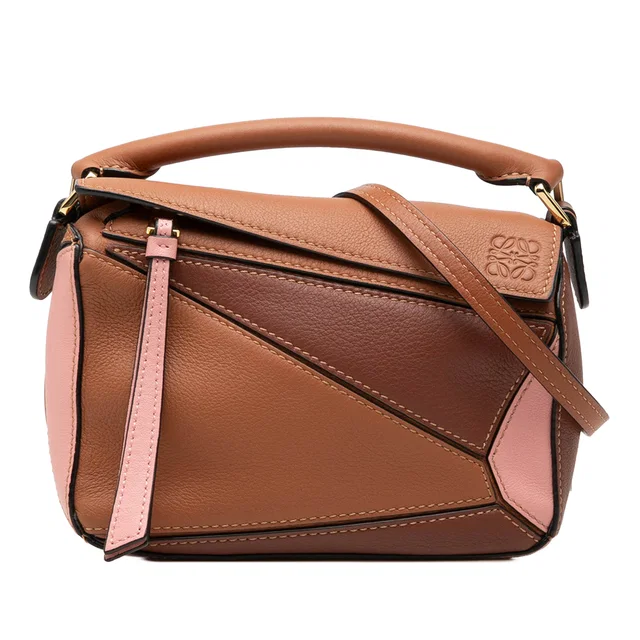 Brown LOEWE Mini Tricolor Calfskin Puzzle Satchel in Brown Calfskin from Designer Revival