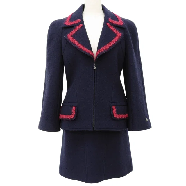 Chanel 1997 CC Mark Zip-Up Set-Up #40 Navy/Pink in Navy Wool from VINTAGE QOO TOKYO