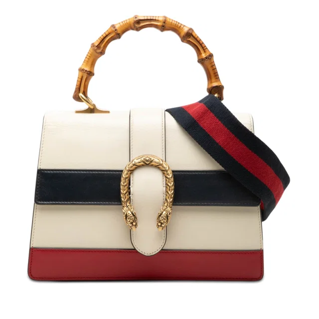 White Gucci Medium Leather Bamboo Dionysus Web Satchel in White Leather from Designer Revival