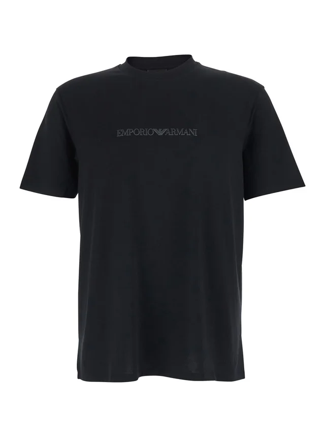 Emporio armani Black Cotton Crew Neck T-Shirt with Logo Embroidery for Men in Black 100% Cotton, photo 2 of 5 from Gaudenzi Boutique