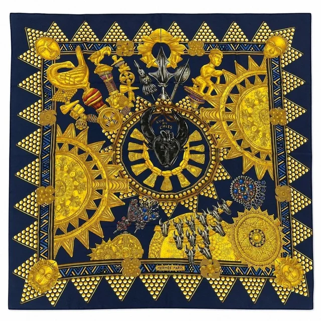 Hermès Women's Scarf - Navy/Gold in gold|blue from Depop, photo 1 of 1