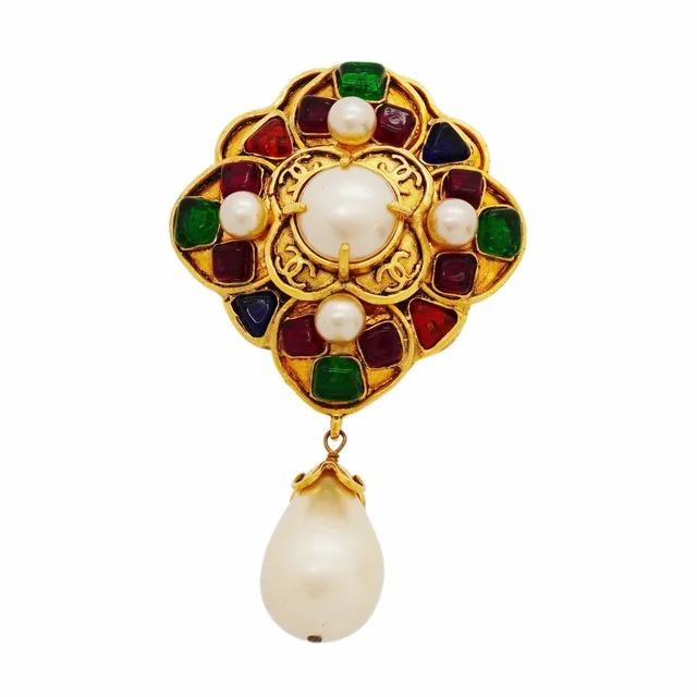 Chanel Brooch Vintage CC Logo Gold Plated Faux Pearl Gripoix Multicolor in Gold from The Reluxe