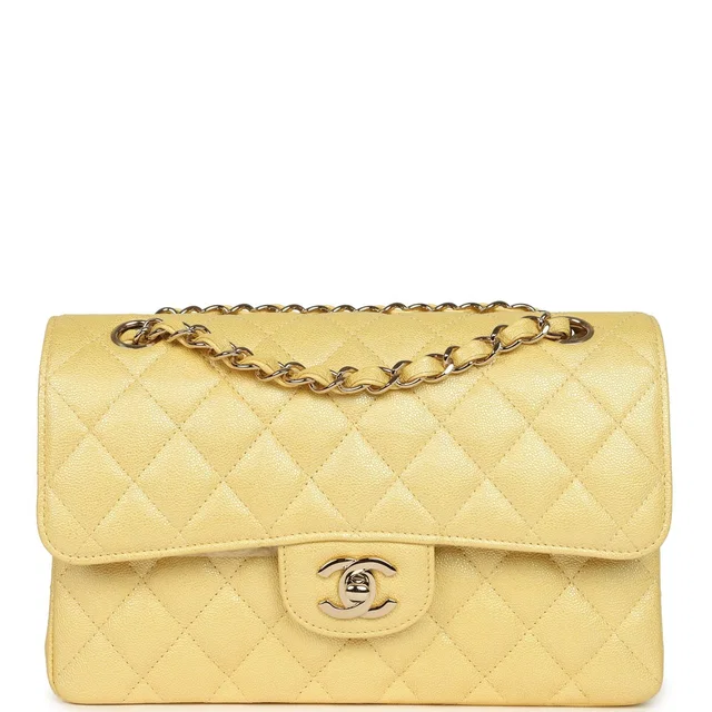 Chanel Small Classic Double Flap Bag Yellow Iridescent Caviar Light Gold Hardware in Yellow Caviar leather from Madison Avenue Couture