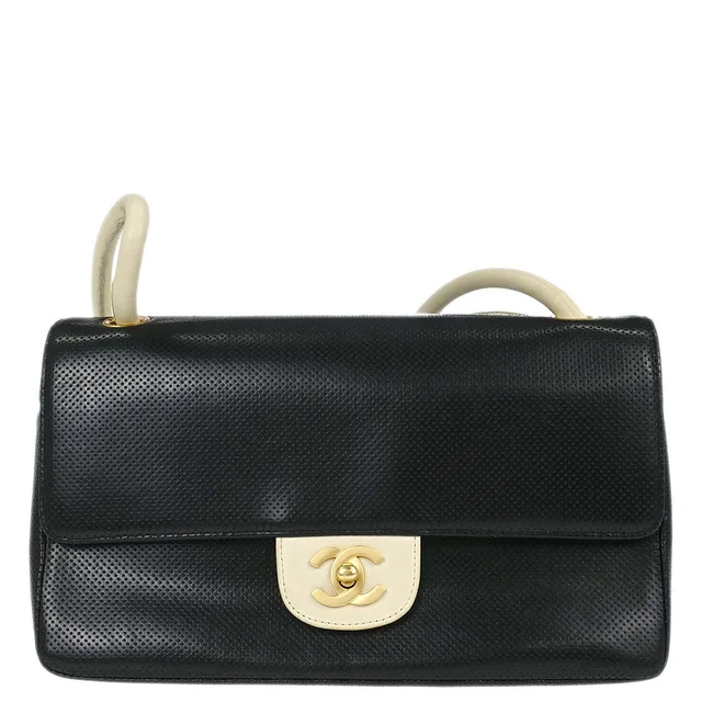 Chanel 2000-2002 Black Ivory Perforated Lambskin Single Flap Shoulder Bag in Black Lambskin from AMORE Vintage Tokyo