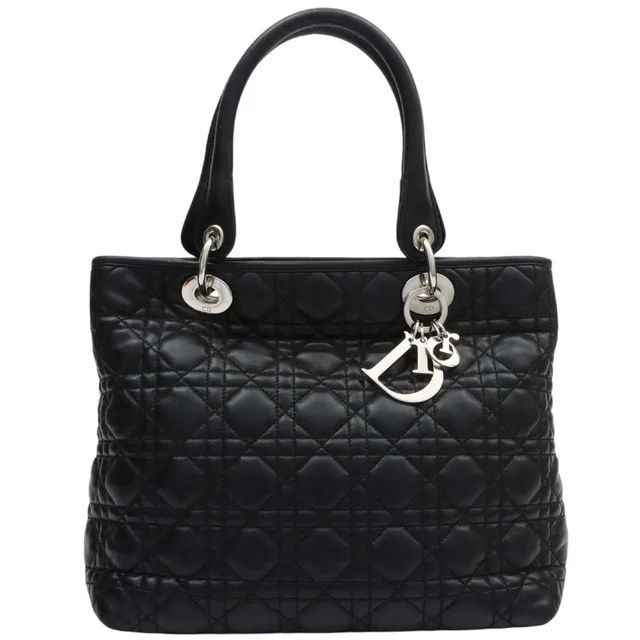 Dior Cannage Stitch Logo Plate Handbag Black in Black Leather from VINTAGE QOO TOKYO