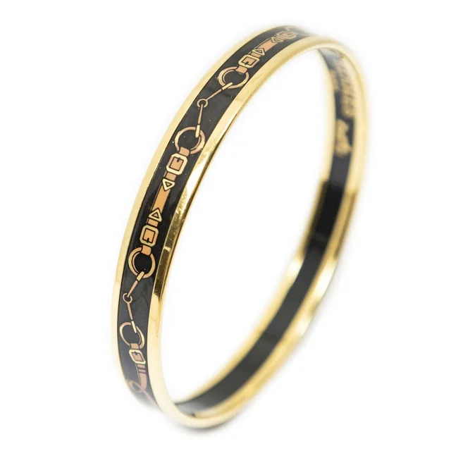 Hermès Enamel Bangle Black Brown Belt Motif Bracelet in Black from The Reluxe