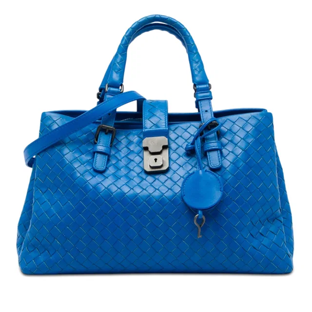 Blue Bottega Veneta Small Nappa Intrecciato Roma Satchel in Blue Nappa leather from Designer Revival