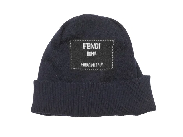 Navy & White Fendi Cashmere Logo Beanie in White Cashmere from Designer Revival