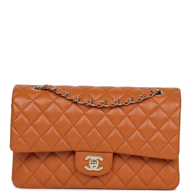 Chanel Medium Classic Double Flap Bag Caramel Shiny Caviar Light Gold Hardware in Caviar leather from Madison Avenue Couture