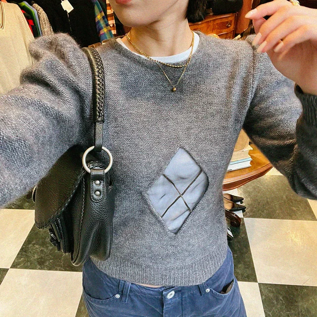 Valentino Garavani Argyle Sheer Design Puff Shoulder Knit Top #S-Gray in Grey from VINTAGE QOO TOKYO