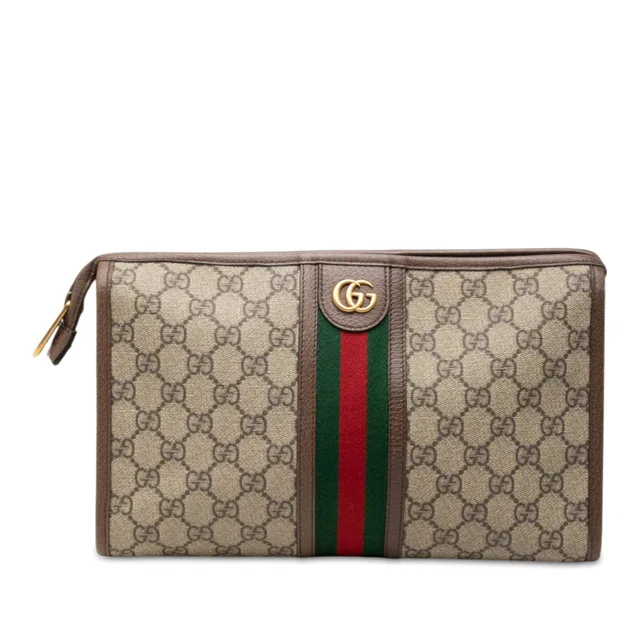 Brown Gucci GG Supreme Web Ophidia Clutch in Brown Coated canvas from Designer Revival
