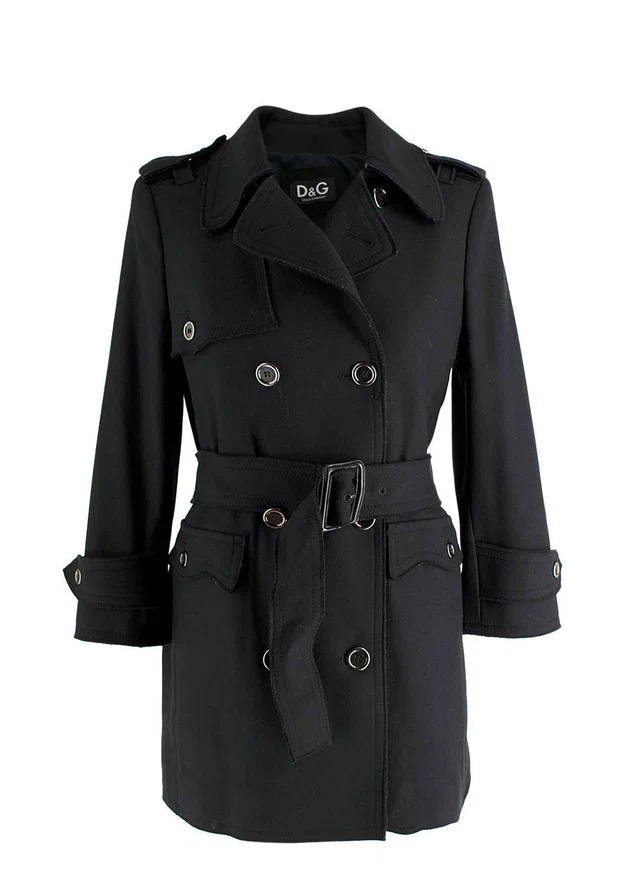 Dolce & Gabbana Black Belted Pure Wool Double Breasted Trench Coat in Black Wool from HEWI