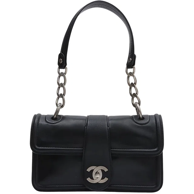 Chanel Around 2005 CC Turn-Lock Chain Shoulder Bag Black in Black Lambskin from VINTAGE QOO TOKYO