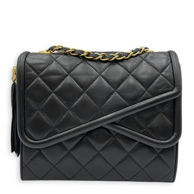 Chanel Vintage CC Logo Tassel Asymmetrical Double 20cm Black Crossbody Bag in Black Lambskin from LuxLexicon