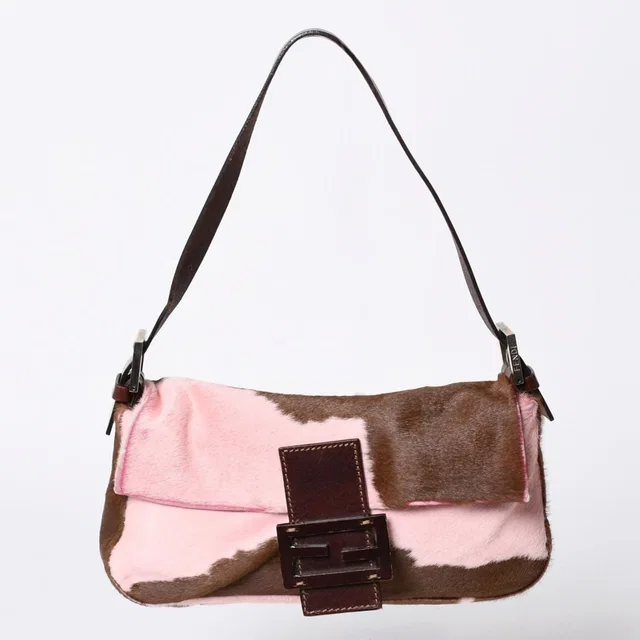 Fendi Mamma Baguette Calf Hair Leather Shoulder Bag Pink Brown Silver in Brown Leather from The Reluxe