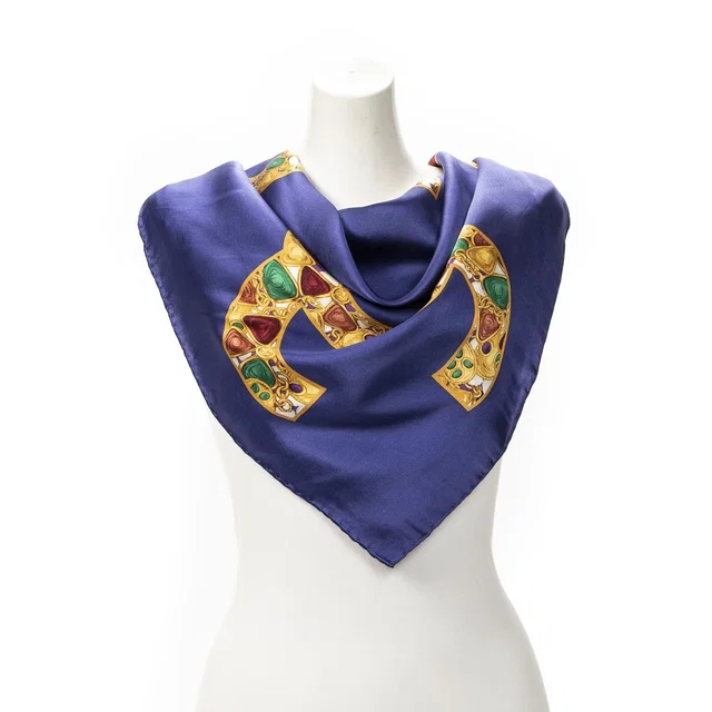 Chanel Scarf Blue Gold Silk in Blue Silk from The Reluxe