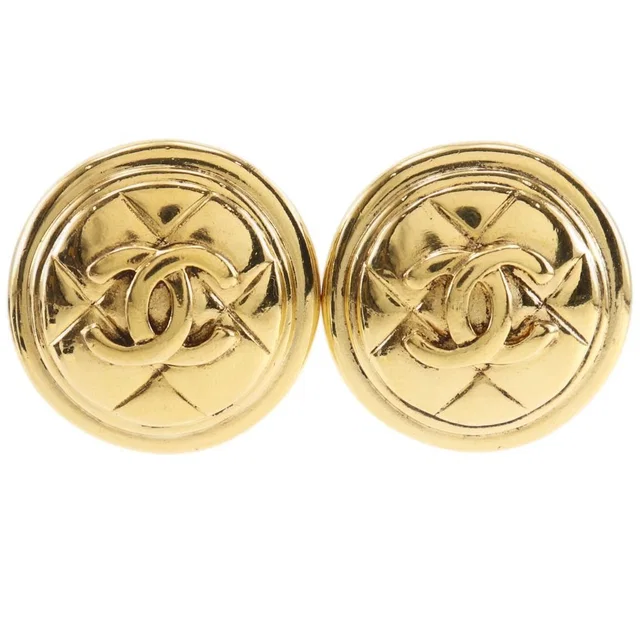 Chanel CC Logo Quilted Vintage Gold Plated Earrings in Gold from The Reluxe