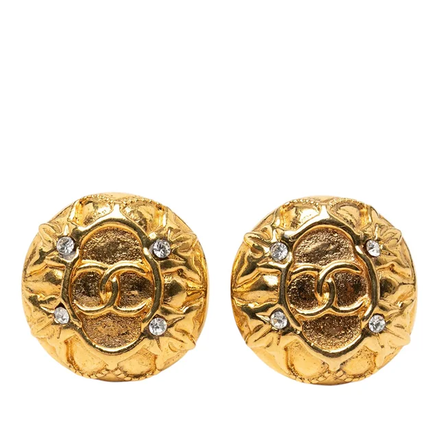 Gold Chanel CC Gold Plated Strass Round Clip On Earrings in Gold from Designer Revival