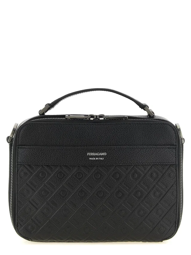 Ferragamo Monogram-Embossed Leather Shoulder Bag — Black Hammered Calf in Black Leather from HEWI