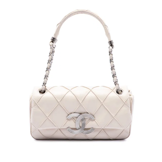 White Chanel CC Double Stitch Lambskin Single Flap Shoulder Bag in White Lambskin from Designer Revival