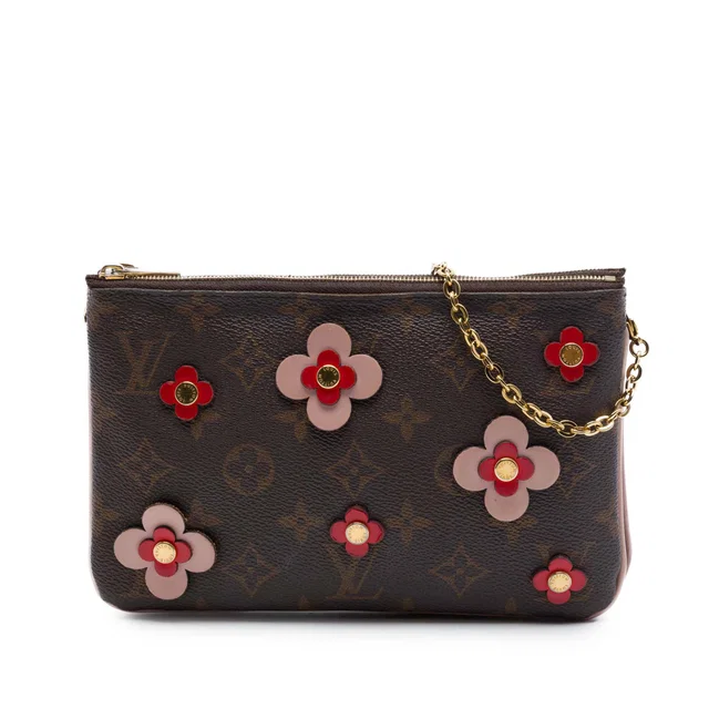 Brown Louis Vuitton Monogram Blooming Flowers Double Zip Pochette Crossbody Bag in Brown Coated canvas from Designer Revival
