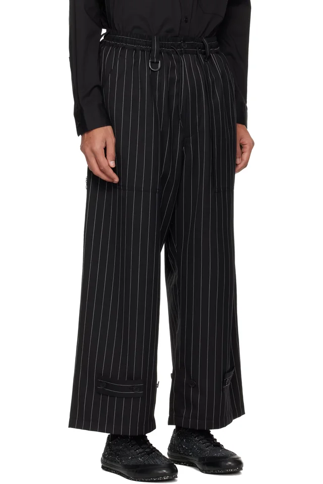 Y-3 Black Pinstripe Refined Wool Wide Leg Trousers, photo 2 of 4 from SSENSE