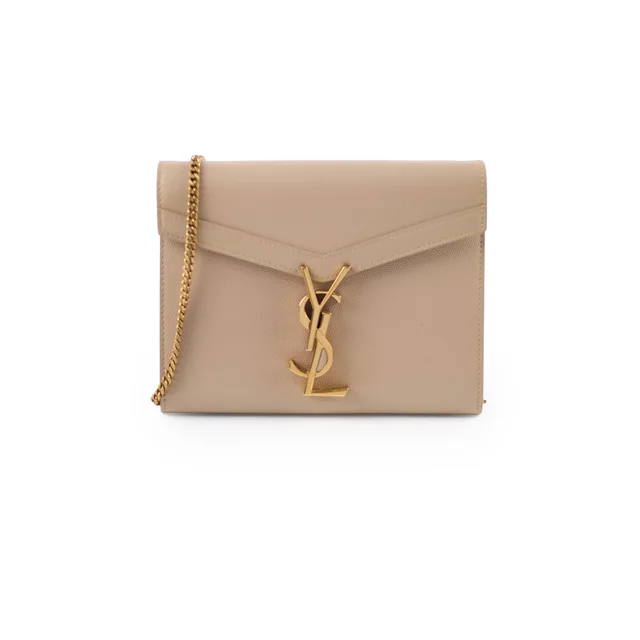 Saint Laurent Cassandra Chain Wallet Grain de Poudre Beige in Beige Leather from The Purse Affair