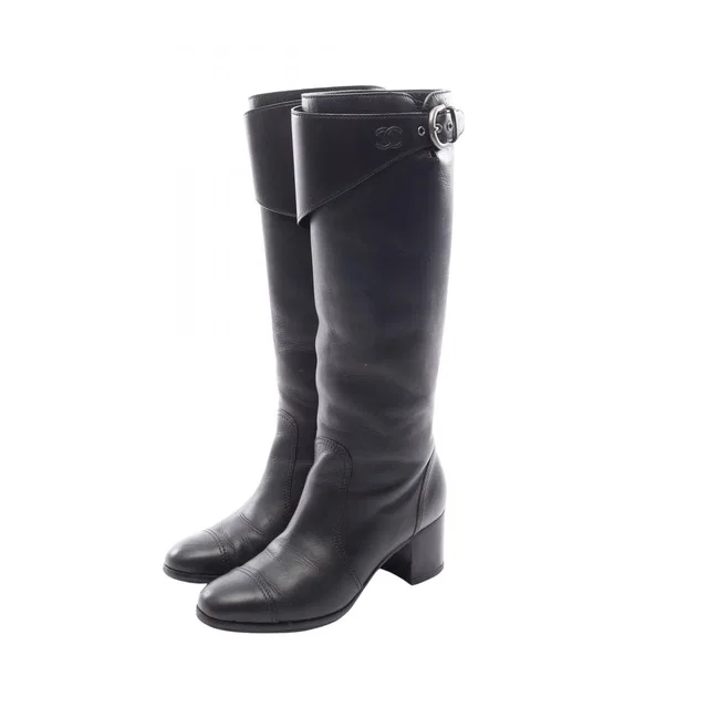 Chanel Boots CC Logo Long Black Leather in Black Leather from The Reluxe