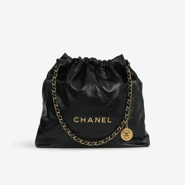 Chanel Medium 22 Hobo - Black Shiny Calfskin | Aged Gold Hardware in Black Calfskin from Bagista