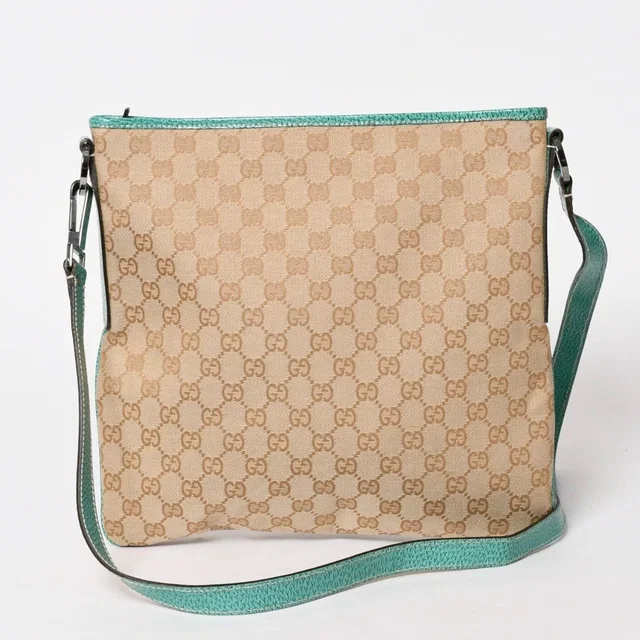 Gucci Square Shape Messenger Bag GG Pattern Beige Turquoise Blue Black Metal in Black Canvas from The Reluxe