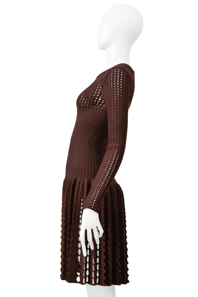 Alaïa Brown Laser Cut Fancy Knit Dress in Brown Wool from Resurrection Vintage, photo 4 of 12