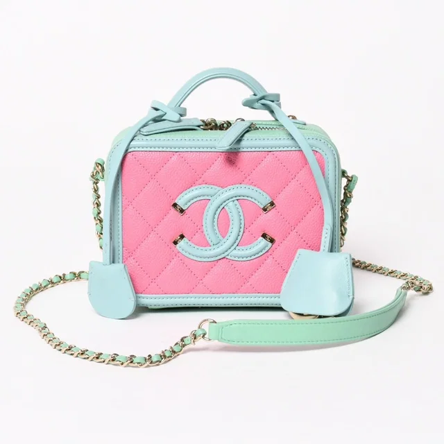 Chanel CC Filigree Vanity Bag CC Logo Caviar Leather Pink Mint Green in Green Caviar leather from The Reluxe
