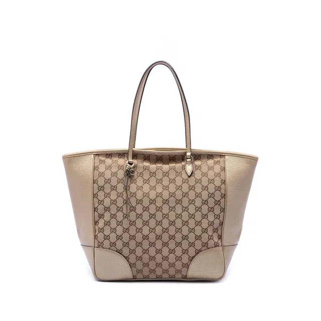 Beige Gucci GG Canvas and Metallic Calfskin Bree Tote in Beige Calfskin from Designer Revival