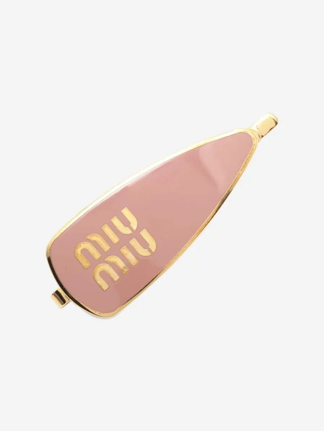 Miu Miu Gold and pink metal logo hair clip in Pink from Sign of the Times