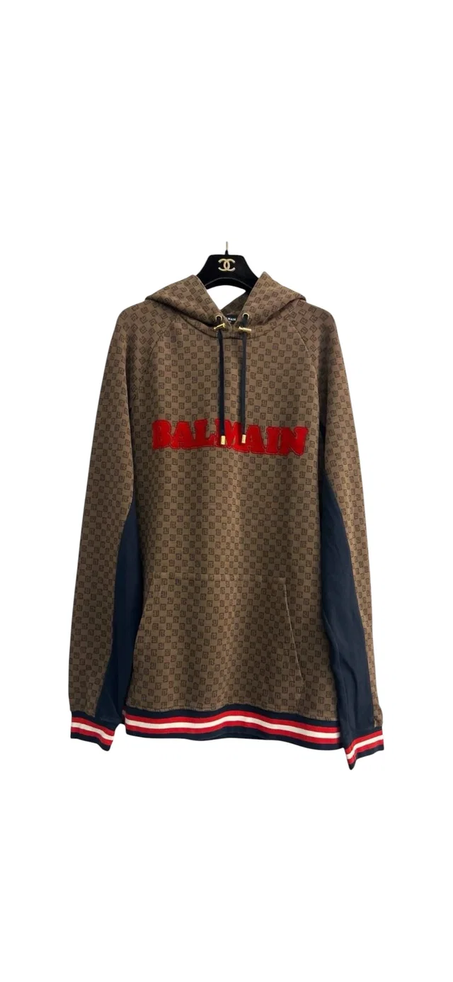 Balmain Monogram Logo Oversized Hoodie Brown/Red Sz M in Brown from Luxury Promise