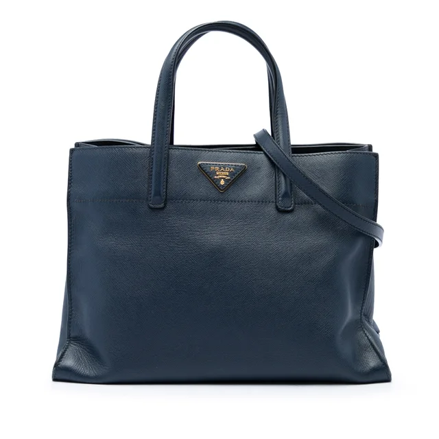 Blue Prada Saffiano Soft Triple Pocket Tote Satchel in Blue Saffiano leather from Designer Revival