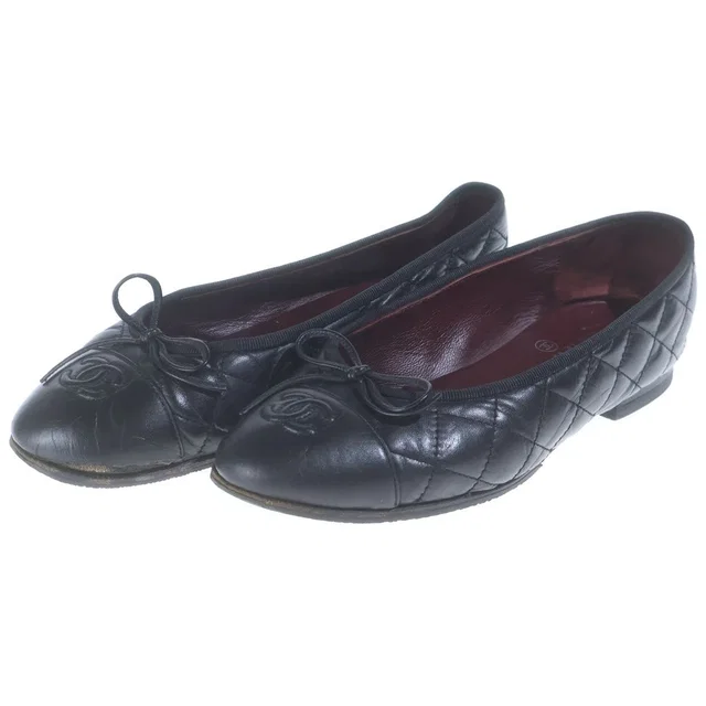 Chanel Quilted CC Logo Ballerina Flat Shoes Leather Pumps Black in Black Leather from The Reluxe