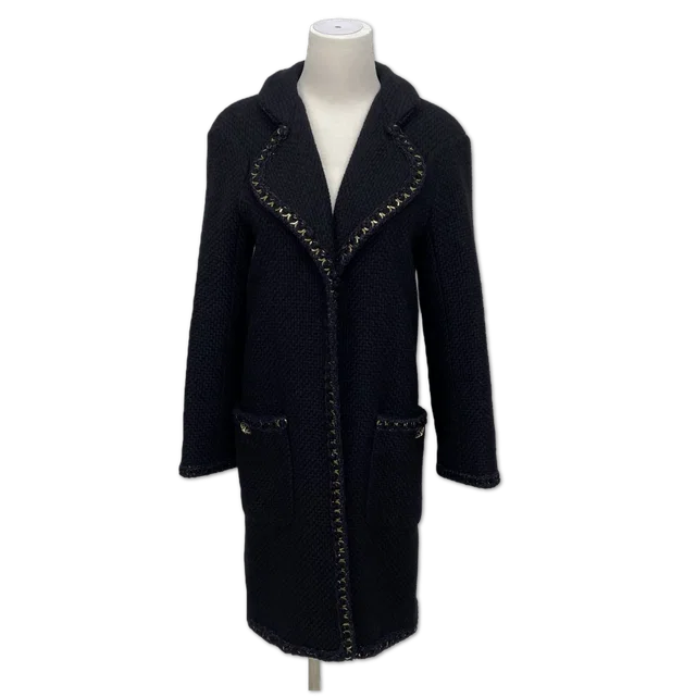 Chanel Navy Tweed Chain-Trim Long Coat size 36 in Navy Tweed from Luxury Promise