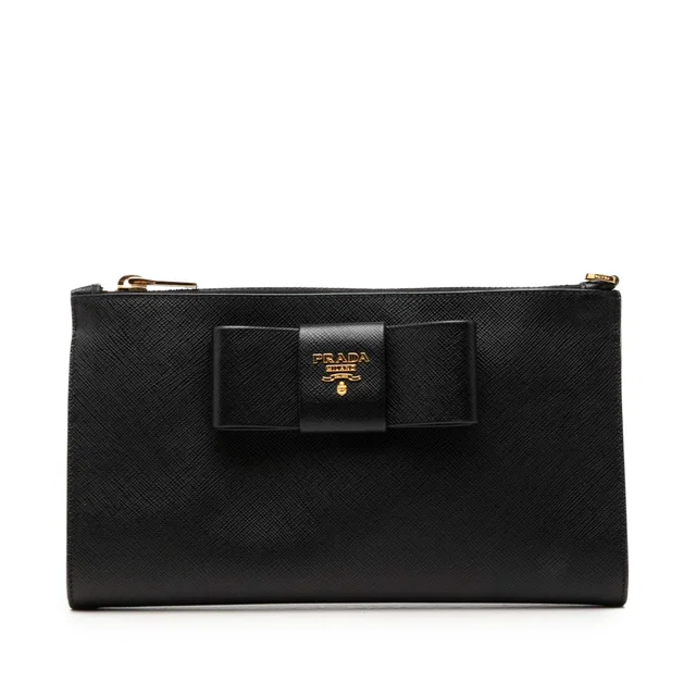 Black Prada Saffiano Bow Clutch in Black Saffiano leather from Designer Revival