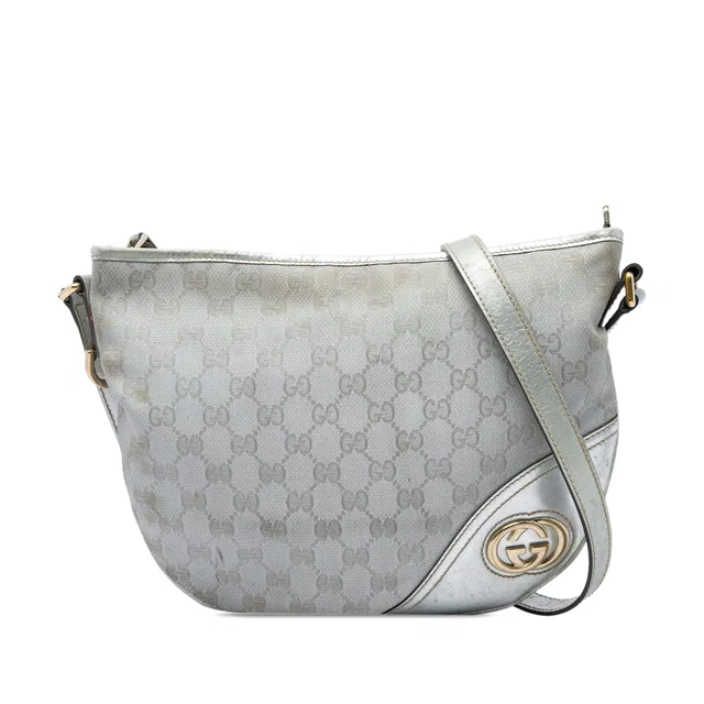 Silver Gucci Medium GG Canvas New Britt Half Moon Crossbody in Silver Canvas from Designer Revival