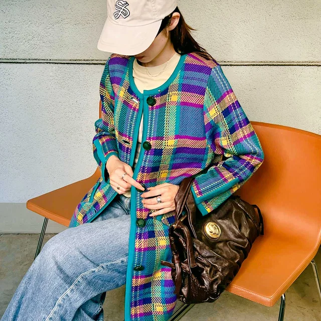 Saint Laurent Checked Pattern Long Cardigan #L Multi in Wool from VINTAGE QOO TOKYO