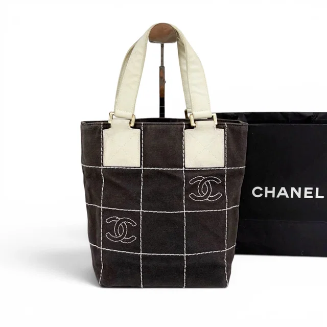 Chanel Wild Stitch Mini Tote Bag CC Logo Black White Canvas Chocolate in Black Canvas from The Reluxe