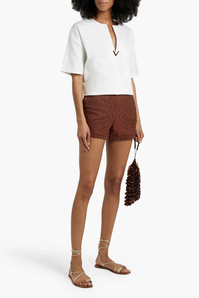 Valentino Garavani Pointelle-Knit Cotton-Blend Shorts in Brown, photo 2 of 4 from THE OUTNET