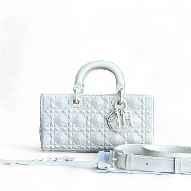 Dior D-joy Medium Latte Cannage Calfskin Diamond Motif White in White Calfskin from Luxury Promise