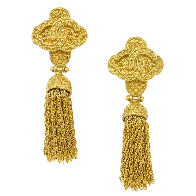 Chanel Fringe Charm Dangle Earrings Clip-On Gold 94A in Gold from AMORE Vintage Tokyo