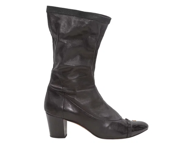 Black Chanel Cap-Toe CC Mid-Calf Boots Size 41 in Black Patent leather from Designer Revival